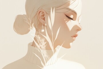 Serene portrait of a woman with plants, soft lighting, and neutral tones