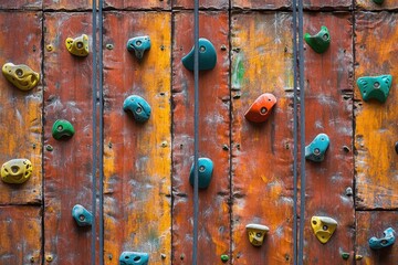 Fototapeta premium Indoor Climbing Wall with Colorful Holds Close Up Shot for Sports and Recreation Training Facility