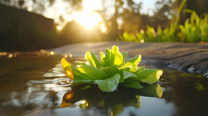Lettuce reflection basking in the sunlight, a serene natural tableau