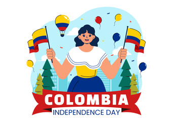 Happy Colombia Independence Day Vector Illustration featuring a Colombian Waving Flag and Ribbon in a National Holiday Celebration Background