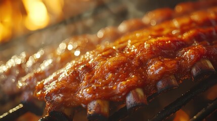 Close-up of delicious, glazed BBQ ribs on a grill.