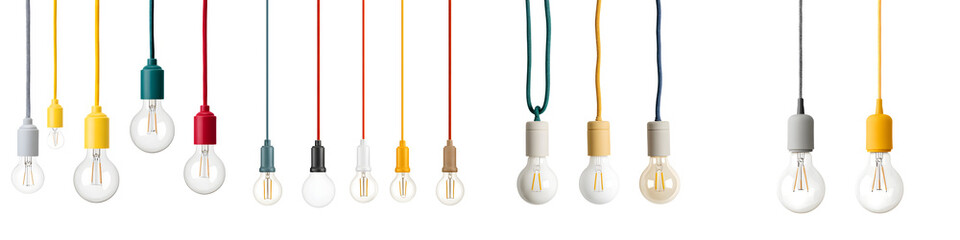 Colorful hanging light bulbs with stylish wires in red, yellow, green, and blue, showcasing contemporary designs perfect for modern interiors, decor, and lighting solutions