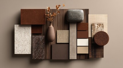 Modern material palette showcasing a variety of textures and warm earth tones