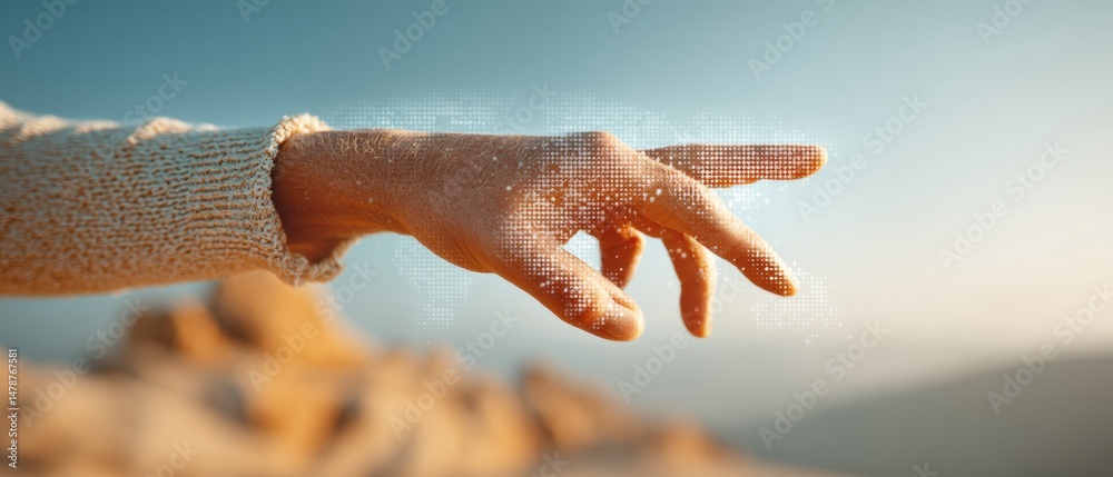 Leinwandbilder Digital Metamorphosis Pixelated Human Hand Emerging Through Translucent Mesh - Innovative Tech Visualization of Human-Machine Convergence and Augmented Reality Transformation