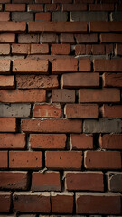 Obraz premium A close-up view of a red brick wall corner, showing uneven, weathered bricks and aged mortar, with natural light casting shadows that enhance the texture.