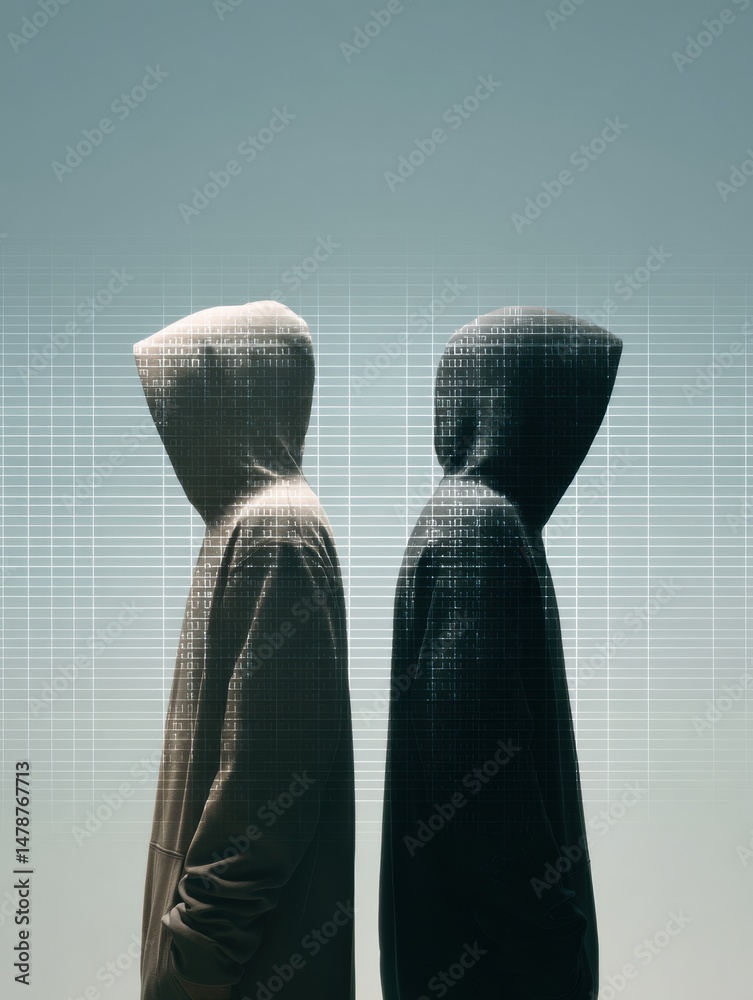 Poster Cybersecurity Anonymity Digital Shadow Personas Visualizing Threat Intelligence, Dark Web Hacker Collective Dynamics in Minimalist AR Aesthetic