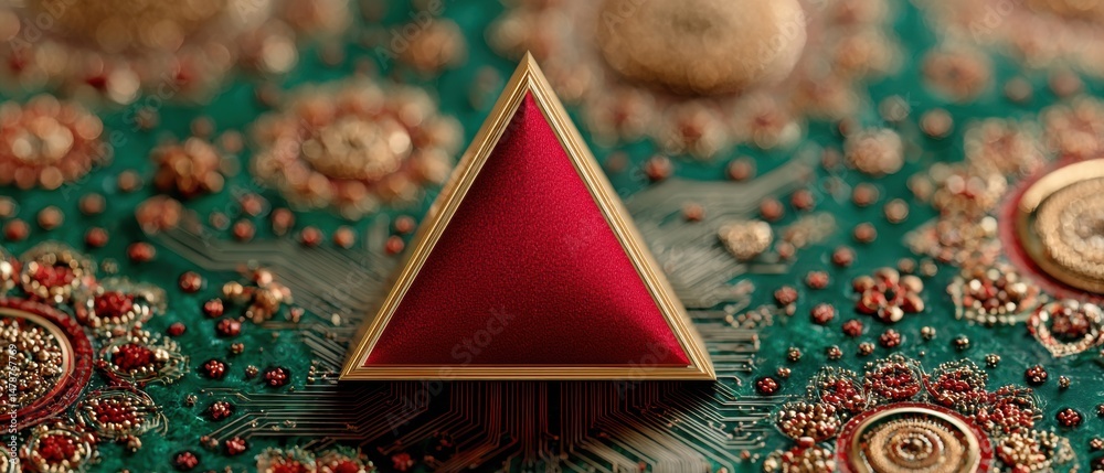 Leinwandbilder luxe cybersecurity elegance crimson triangular alert icon on intricate metallic circuit landscape - 