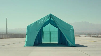 Lone turquoise tent stands on tarmac, hinting at an unusual arrival facility
