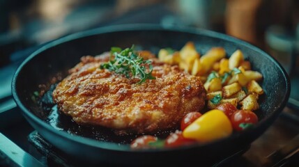 Crispy fried dish with tomatoes and potatoes.