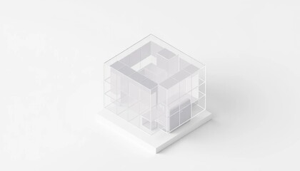Minimalist architectural model exhibiting cubic structure on a pristine white backdrop, conveying sophistication and geometric elegance