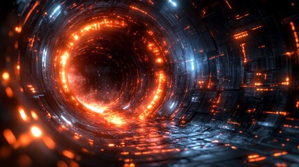 Fototapeta premium Abstract Glowing Tunnel: Captivating digital artwork features a mesmerizing glowing tunnel, evoking a sense of futuristic travel, technological innovation, and the exploration of the unknown. 