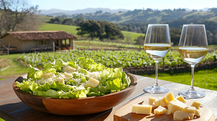 Refreshing outdoor dining experience with salad and wine against vineyard backdrop