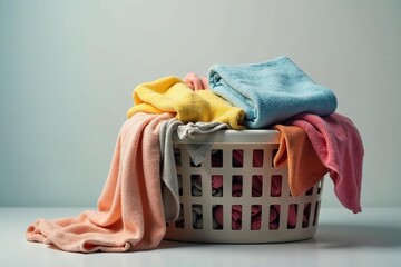 Overfull laundry basket overflowing with dirty clothes and towels , heap, fabric softener