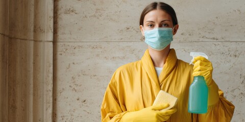 Minimalist Pandemic Safety Gen Z Professional in Vibrant Yellow Sanitizing Workwear, Advanced Hygiene Protocols for Modern Public Spaces
