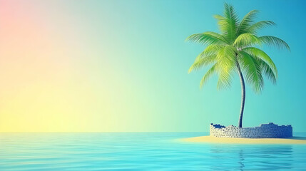 Serene tropical island scene a lone palm tree on a small, sandy island encircled by a low stone wall, bathed in the soft light of dawn or dusk.