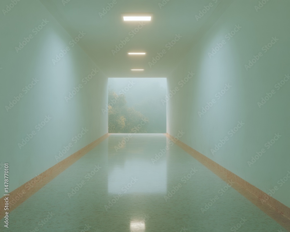 Poster minimalist healthcare corridor serene institutional design exploring liminal spaces, wellness archit