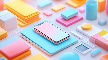 Pastel phone on pastel blocks and shapes with a white background in a minimalist design style