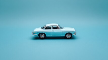 Light blue vintage car model on pastel background