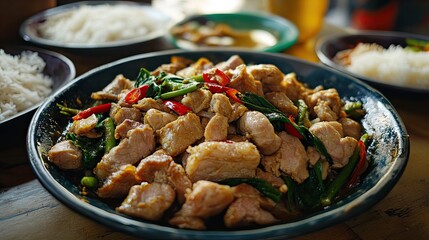Cooked dish with pork, curry sauce, and morning glory served on rustic plate