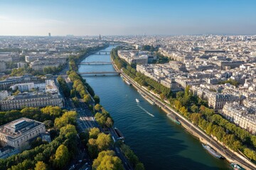 Obraz premium Paris seen from above, with the River Seine and famous landmarks lit by the sunny day.