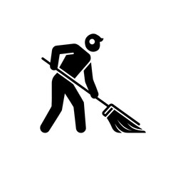 Sweeper icon vector in black color with white background. Man with broom icon.