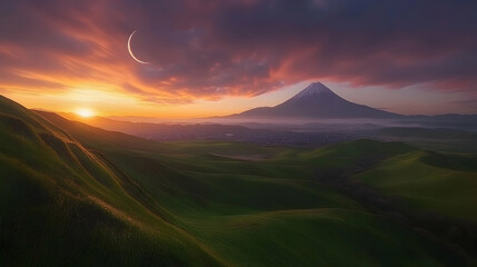 Breathtaking sunrise over rolling green hills with a majestic volcano and crescent moon in the sky.  Perfect for travel, nature, or serenity themes.