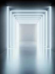 Minimalist corridor with neon lights perspective view in futuristic interior design, clean modern architecture, abstract conceptual background