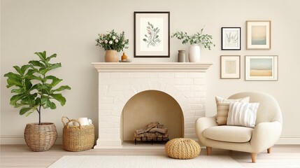 Fireplace in a vintage-themed living room with soft upholstery and framed art, shown on a white background.