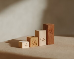 Fototapeta premium Minimal Financial Growth Visualization Sustainable Wooden Percentage Blocks Illustrating Investment Progression, Modern Data Storytelling for Strategic Business Intelligence
