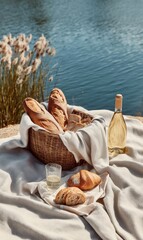 Slow Living Aesthetic Gourmet Picnic Experience - Artisanal Breads, Rustic Woven Basket and Wine by Serene Lakeside Retreat for Mindful Millennials