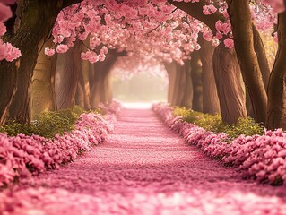 Treelined pathway with vibrant pink blossoms creating a tunnel of flowers bright morning light filters through the trees enhancing the soft pink carpet of petals