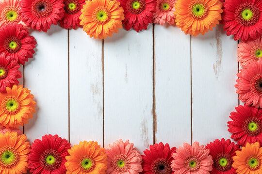 gerbera daisies on a white wooden background