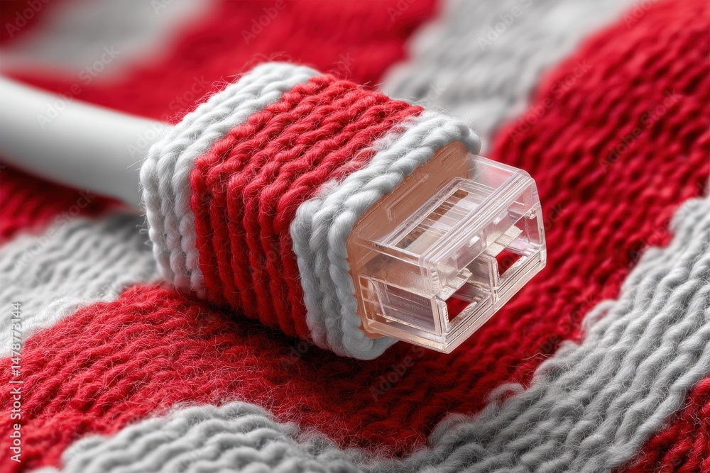 Poster Hyper-Connected Aesthetic Transparent Ethernet Cable on Textured Knit Fabric - Minimalist Network Infrastructure Design for Digital Transformation Era