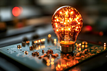 Glowing lightbulb on circuit board; innovation, technology, ideas, electricity.