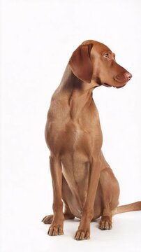Elegant redbone dog sitting attentively on white background in studio shot, showing sleek fur and muscular build, head in profile looking to the side