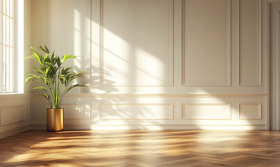 Sunlit room interior with elegant wainscoting, hardwood floors, and a potted plant. Perfect for showcasing home decor, real estate, or lifestyle.