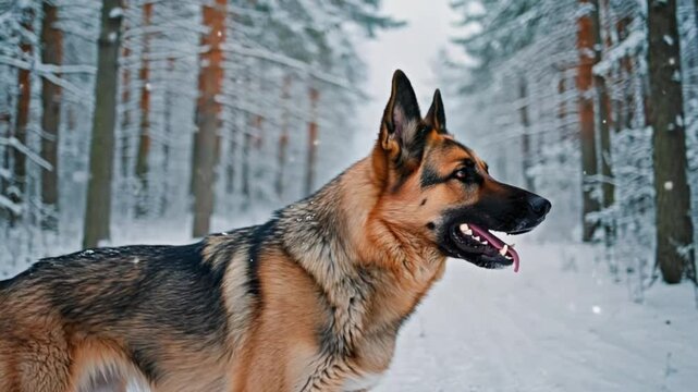 German shepherd in snowy forest