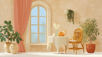 Mixed media cafe room featuring soft curtains, candlelight, and vintage cafe table setup with pastries and coffee, on white background.