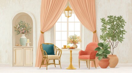 Mixed media cafe room featuring soft curtains, candlelight, and vintage cafe table setup with pastries and coffee, on white background.