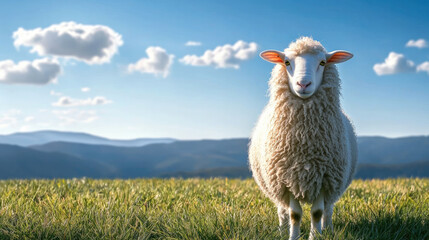 Fototapeta premium White sheep standing on green grass field under blue sky with clouds, peaceful and natural outdoor scene
