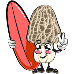Cute Morchella mushroom vektor illustration mascot character with surfboard, work of hand drawn