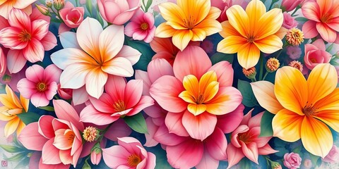 Watercolor-style floral painting, lush blooms in vibrant hues, delicate, art