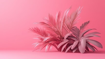 Monochromatic botanical scene featuring lush pink foliage on a vibrant backdrop