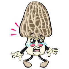 Cute Morchella mushroom vektor illustration mascot character crying sadly, work of hand drawn