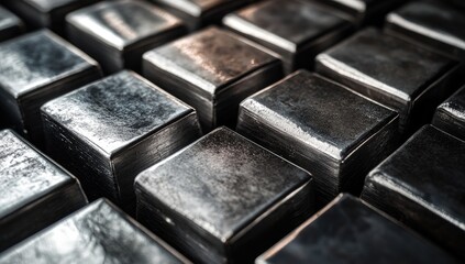 Close-up view of many dark, metallic squares.  Textured,  stacked and arranged