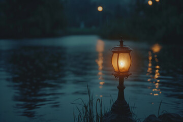 An old glowing lamp on a lake creates a warm, inviting scene on a dark, misty evening. Generative AI