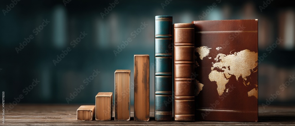 Poster global intelligence visualization vintage business books with ascending growth charts and world map 