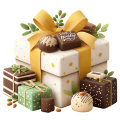 Assortment of Chocolates and Gifts in Elegant Box with Gold Ribbon and Stars, cut out, no background
