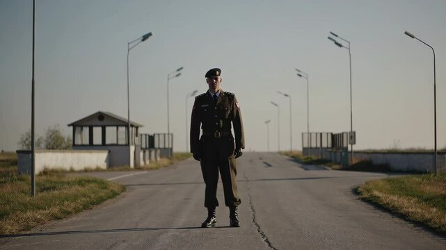 Soldier standing guard on road near checkpoint