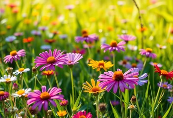 Vibrant wildflowers bloom in a lush meadow, bathed in sunlight, bright, nature
